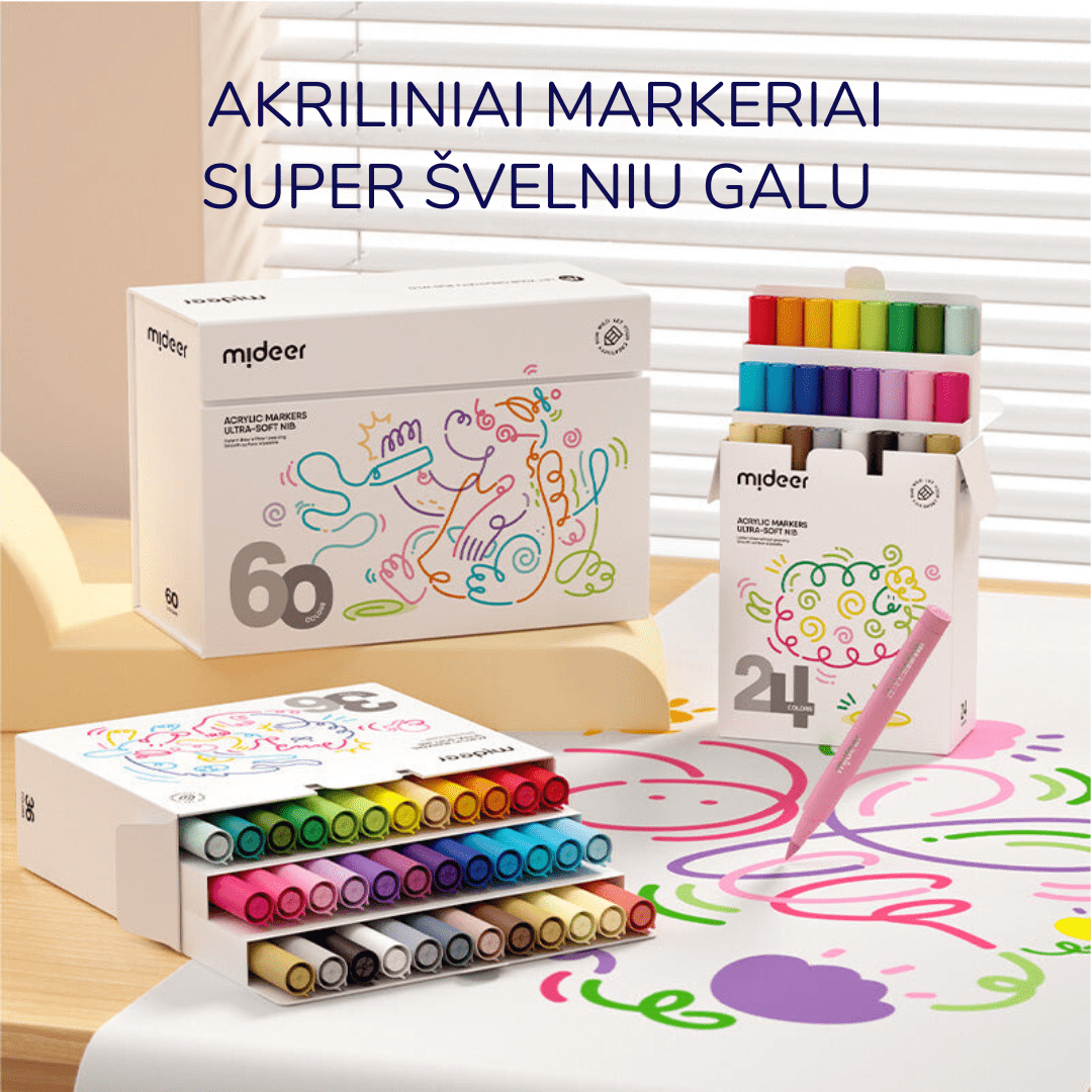 Villem Akriliniai markeriai flomasteriai minkštu antgaliu - 12 spalvų Mideer